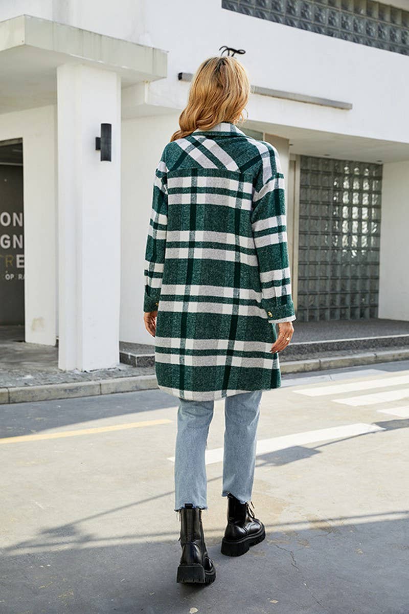 WOMEN FALL WINTER LONG LENGTH PLAID JACKET COAT_CWOJA0496: NAVY / (M) 1
