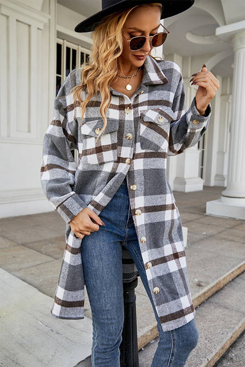 WOMEN FALL WINTER LONG LENGTH PLAID JACKET COAT_CWOJA0496: NAVY / (M) 1