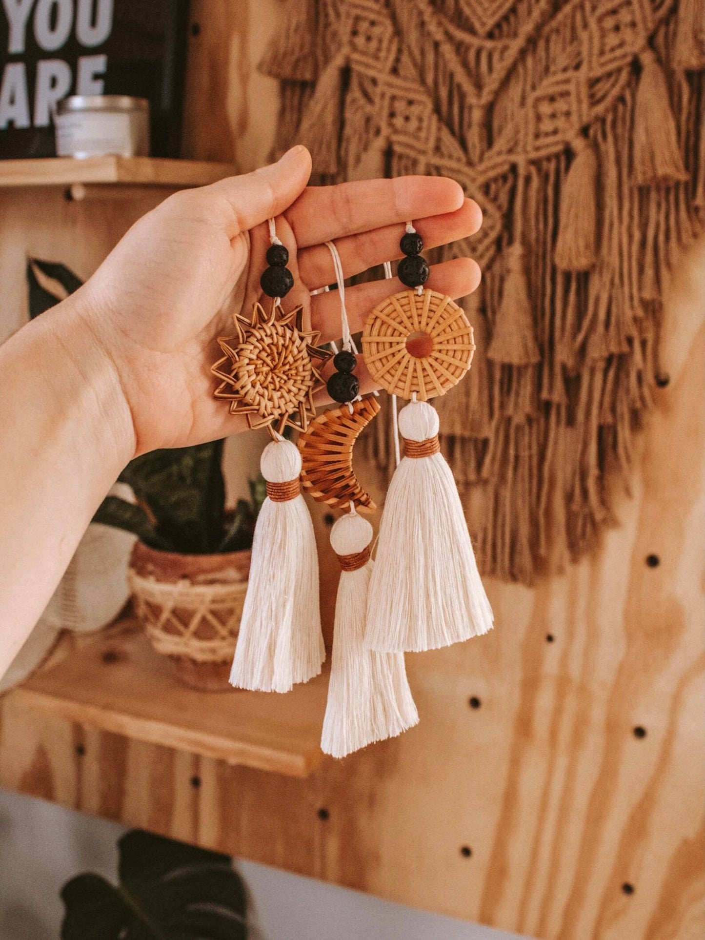Rattan Oil Diffuser Car Charm / Boho Mini Macrame Hanging