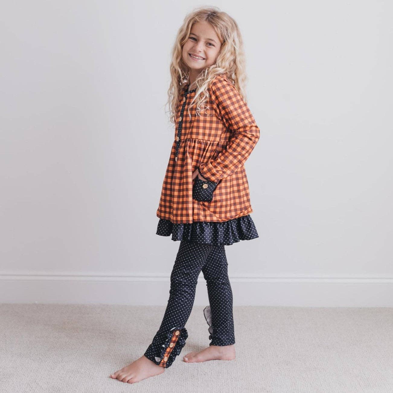 Girls Gingham Check Button Pocket Fall Pant Set