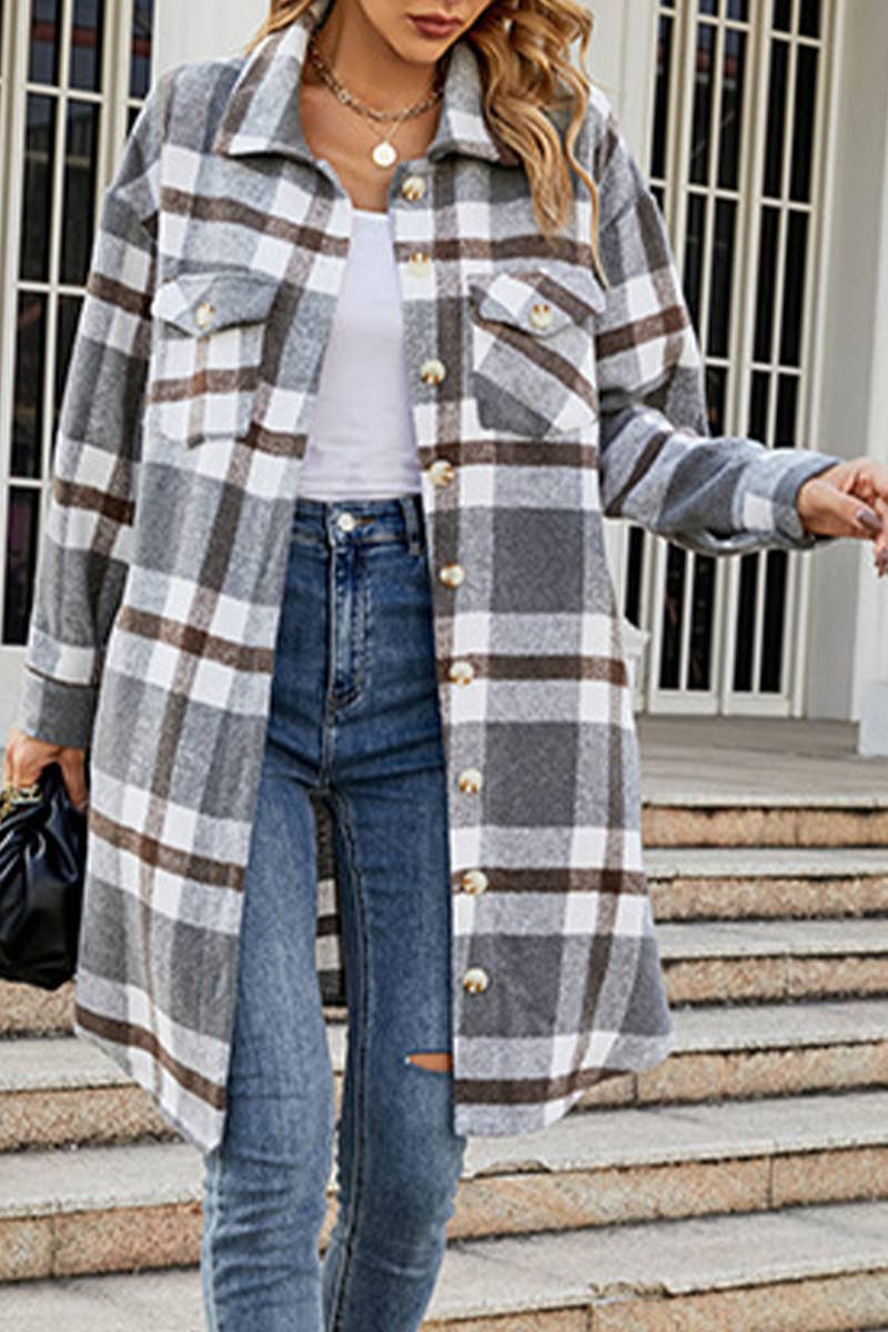 WOMEN FALL WINTER LONG LENGTH PLAID JACKET COAT_CWOJA0496: NAVY / (M) 1