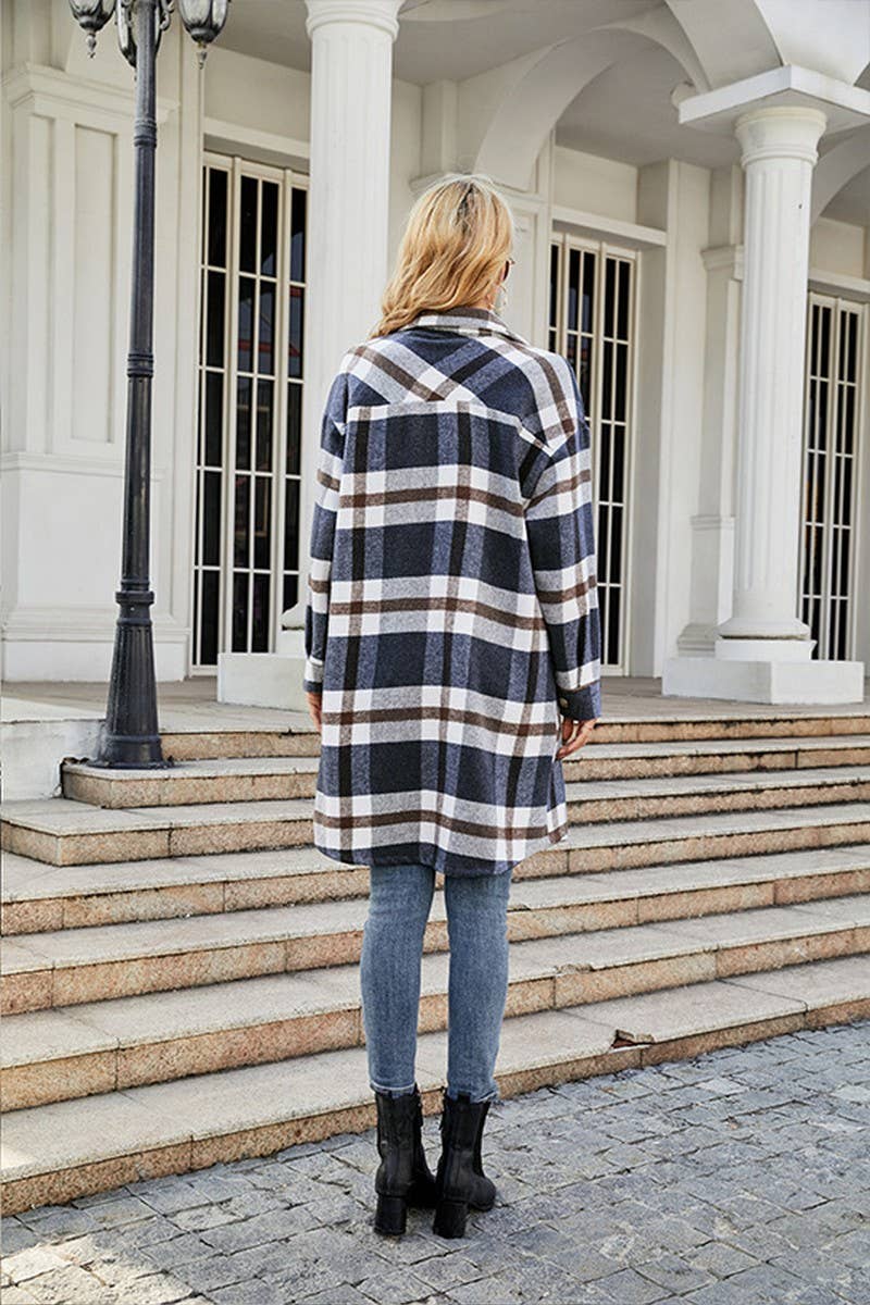 WOMEN FALL WINTER LONG LENGTH PLAID JACKET COAT_CWOJA0496: NAVY / (M) 1