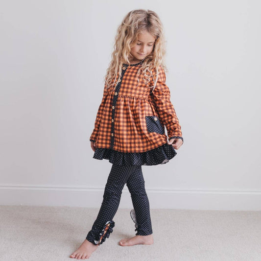 Girls Gingham Check Button Pocket Fall Pant Set