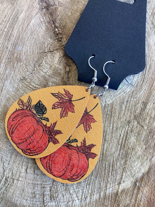 Fall Earrings - Teardrop Pumpkin and Leaves