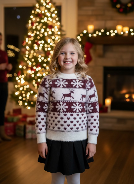 A girls' reindeer sweater with a colorful holiday pattern, displayed on a mannequin.