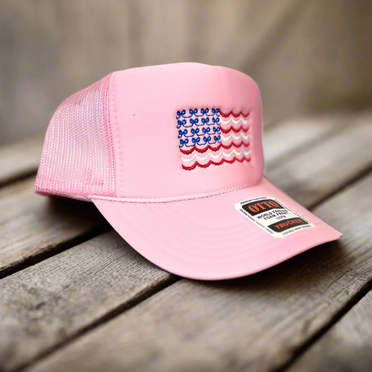 American Flag Embroidered Scalloped Bow - Otto Trucker Hat - Patriotic Embroidered Hat - Independence Day - 4th Of July