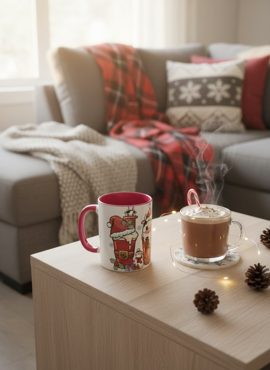 Christmas-themed mug with reindeer and Santa Claus design on a wooden table.