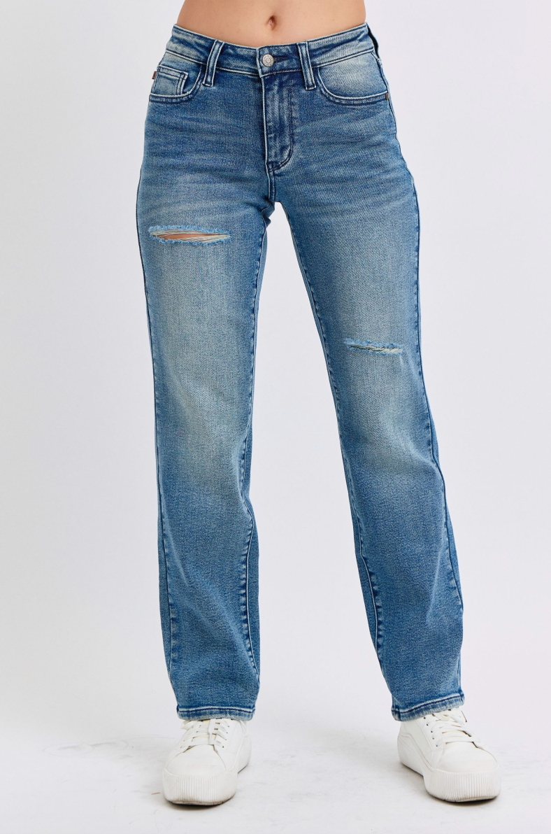 JUDY BLUE - Mid Rise - Contrast Wash Destroy - Dad Jean