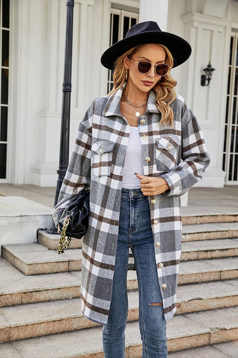 WOMEN FALL WINTER LONG LENGTH PLAID JACKET COAT_CWOJA0496: NAVY / (M) 1