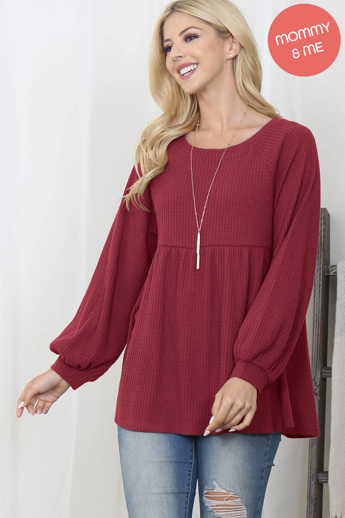 BABY DOLL WAFFLE LONG SLEEVE TOP