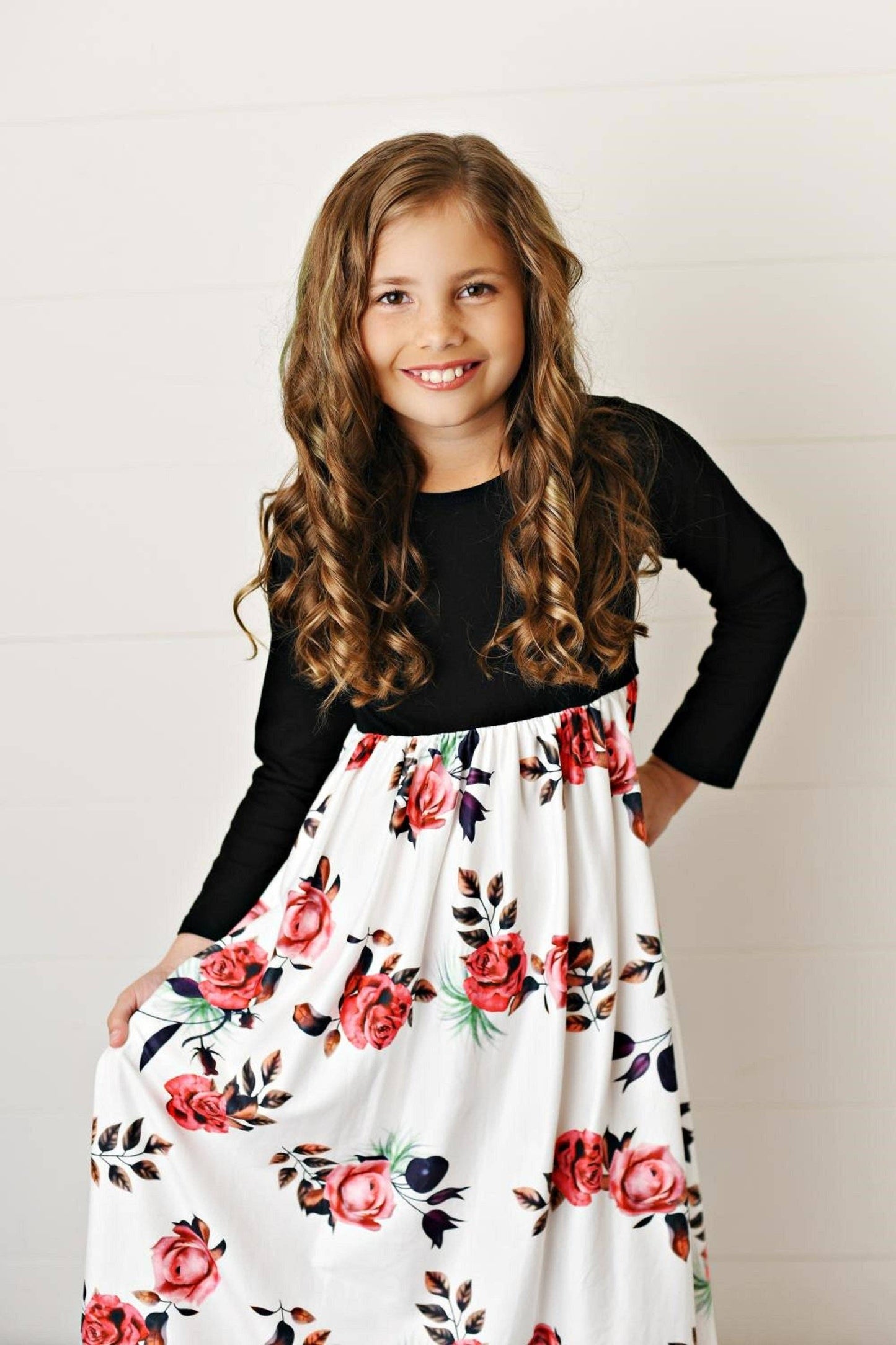 Kids Black Long Sleeve Rose Maxi Fall Dress: 10/12