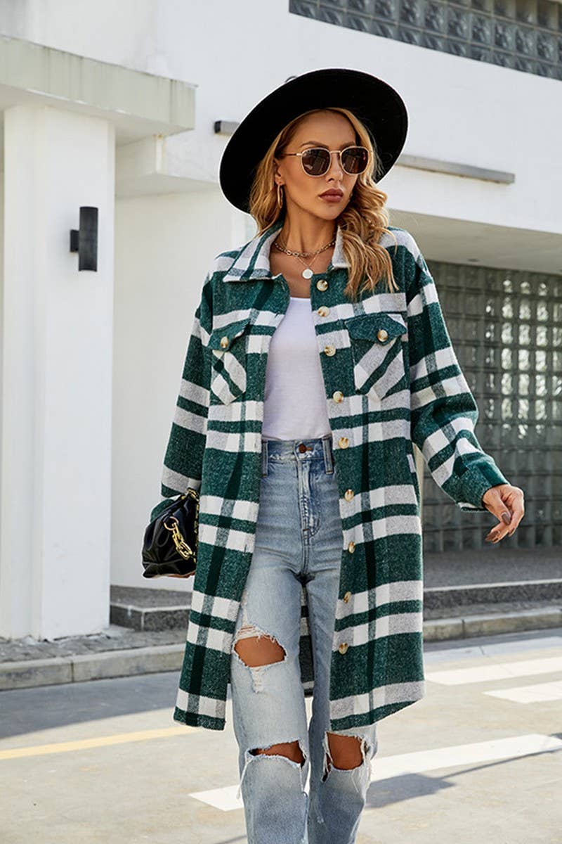WOMEN FALL WINTER LONG LENGTH PLAID JACKET COAT_CWOJA0496: NAVY / (M) 1