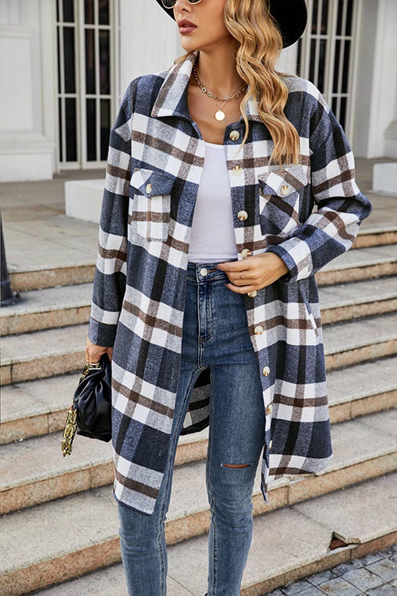WOMEN FALL WINTER LONG LENGTH PLAID JACKET COAT_CWOJA0496: NAVY / (M) 1