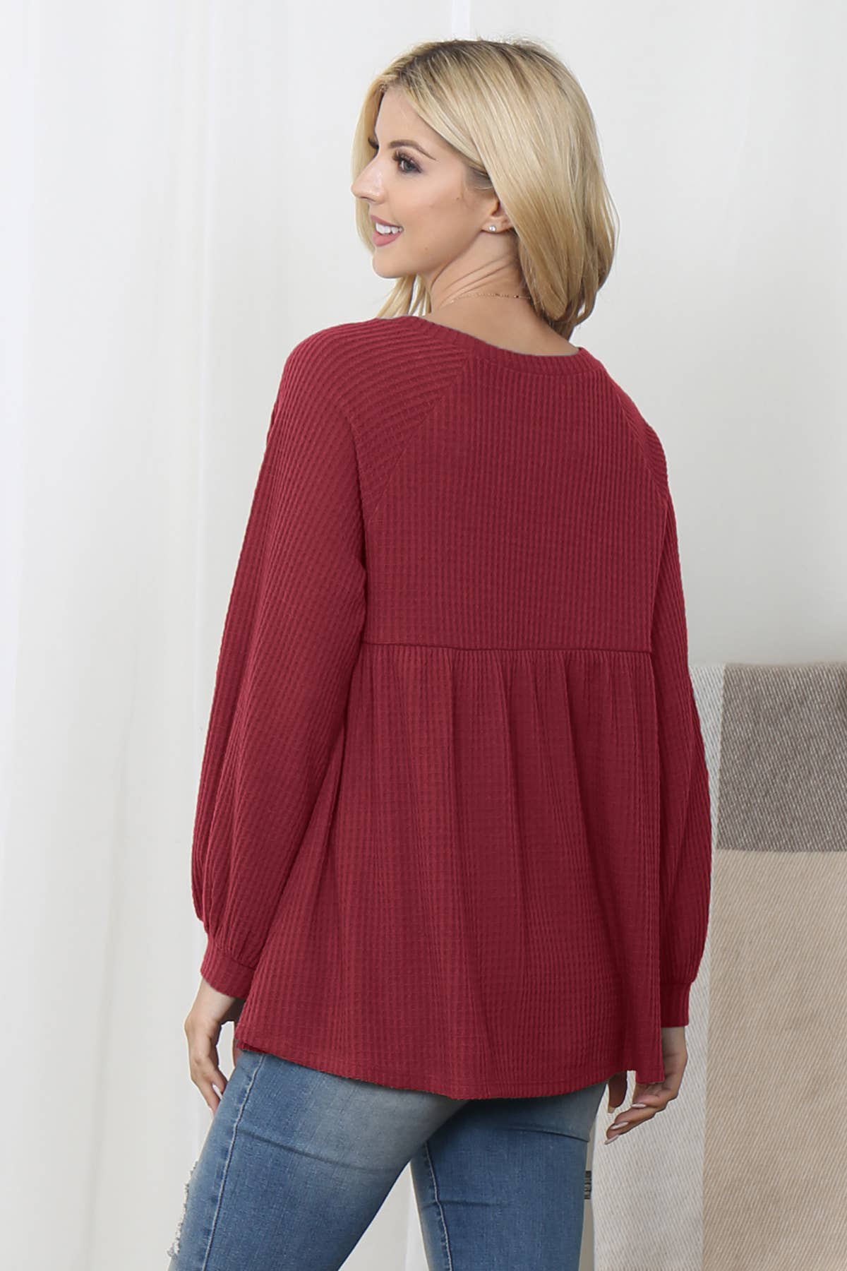 BABY DOLL WAFFLE LONG SLEEVE TOP