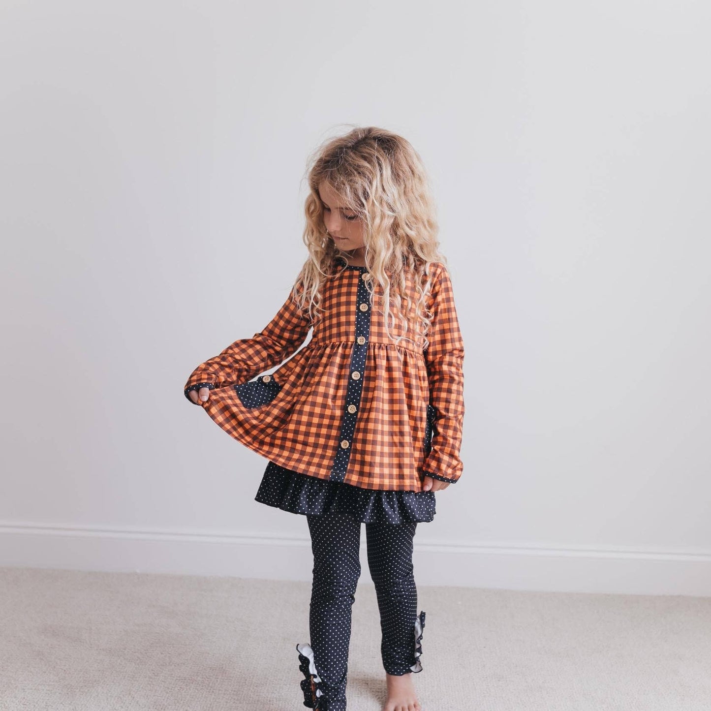 Girls Gingham Check Button Pocket Fall Pant Set