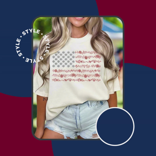 American Flag - Chinoiserie - Fourth of July - Patriotic Floral T-Shirt