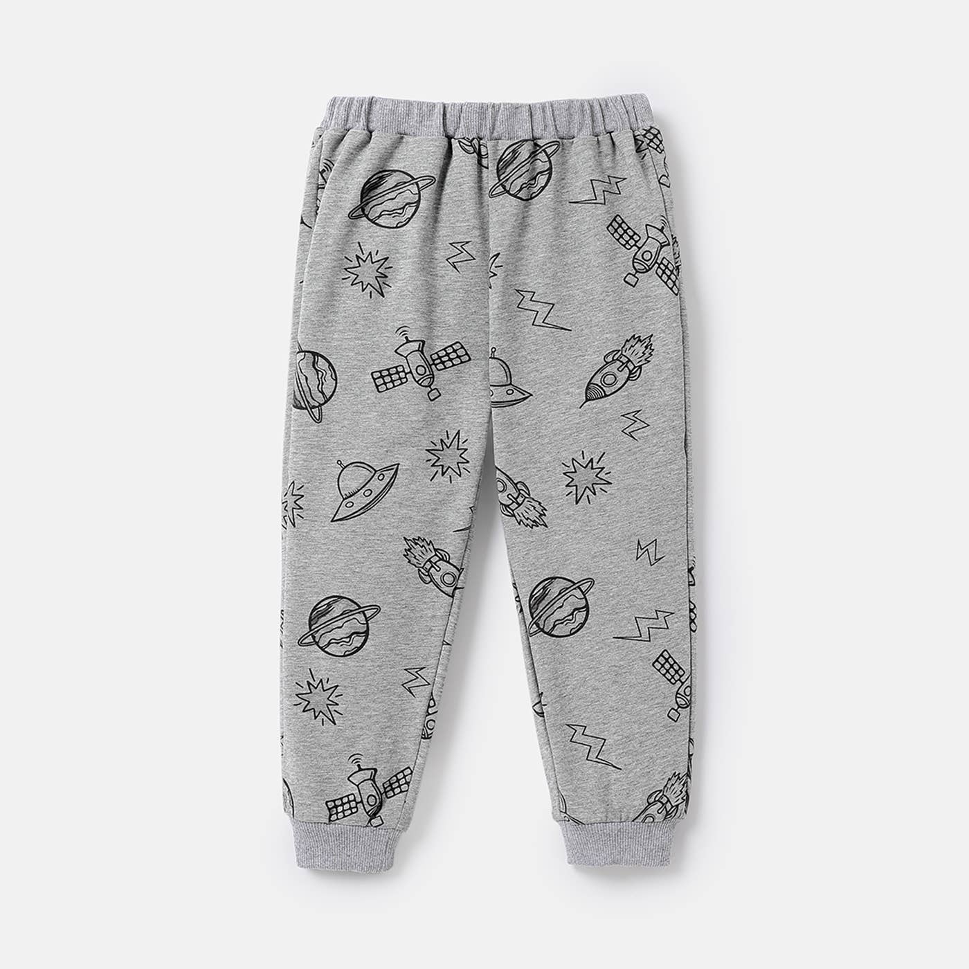Toddler boy's gray cotton elasticized pants with an all-over space print design including planets and rockets.