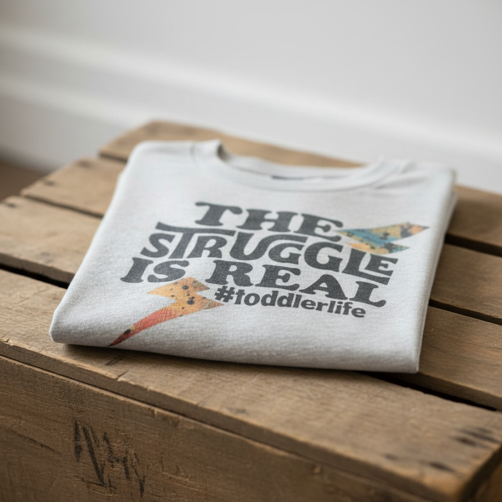 A olive green t-shirt with the text 'THE STRUGGLE IS REAL' and a hashtag symbol, followed by a graphic of a lightning bolt, indicating a playful and relatable theme for toddlers.