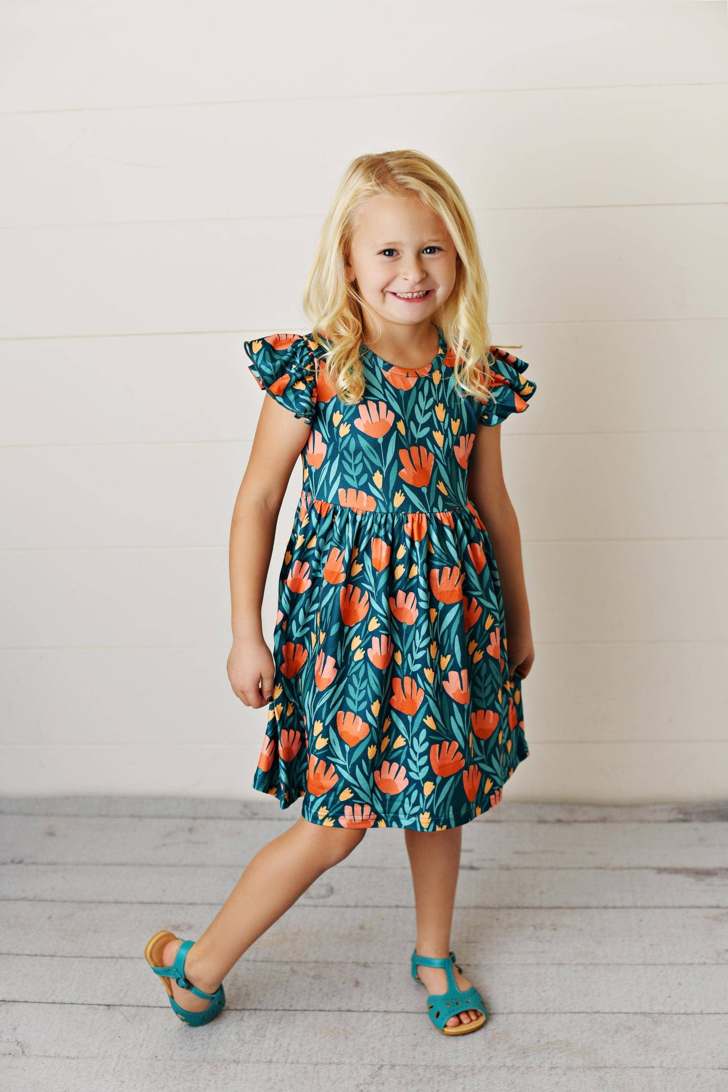 Vestido Niña Floral Verde Azulado