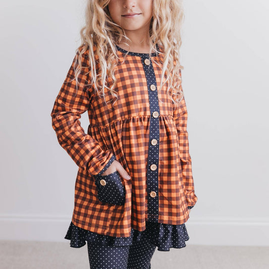Girls Gingham Check Button Pocket Fall Pant Set