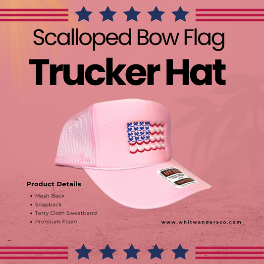 American Flag Embroidered Scalloped Bow - Otto Trucker Hat - Patriotic Embroidered Hat - Independence Day - 4th Of July