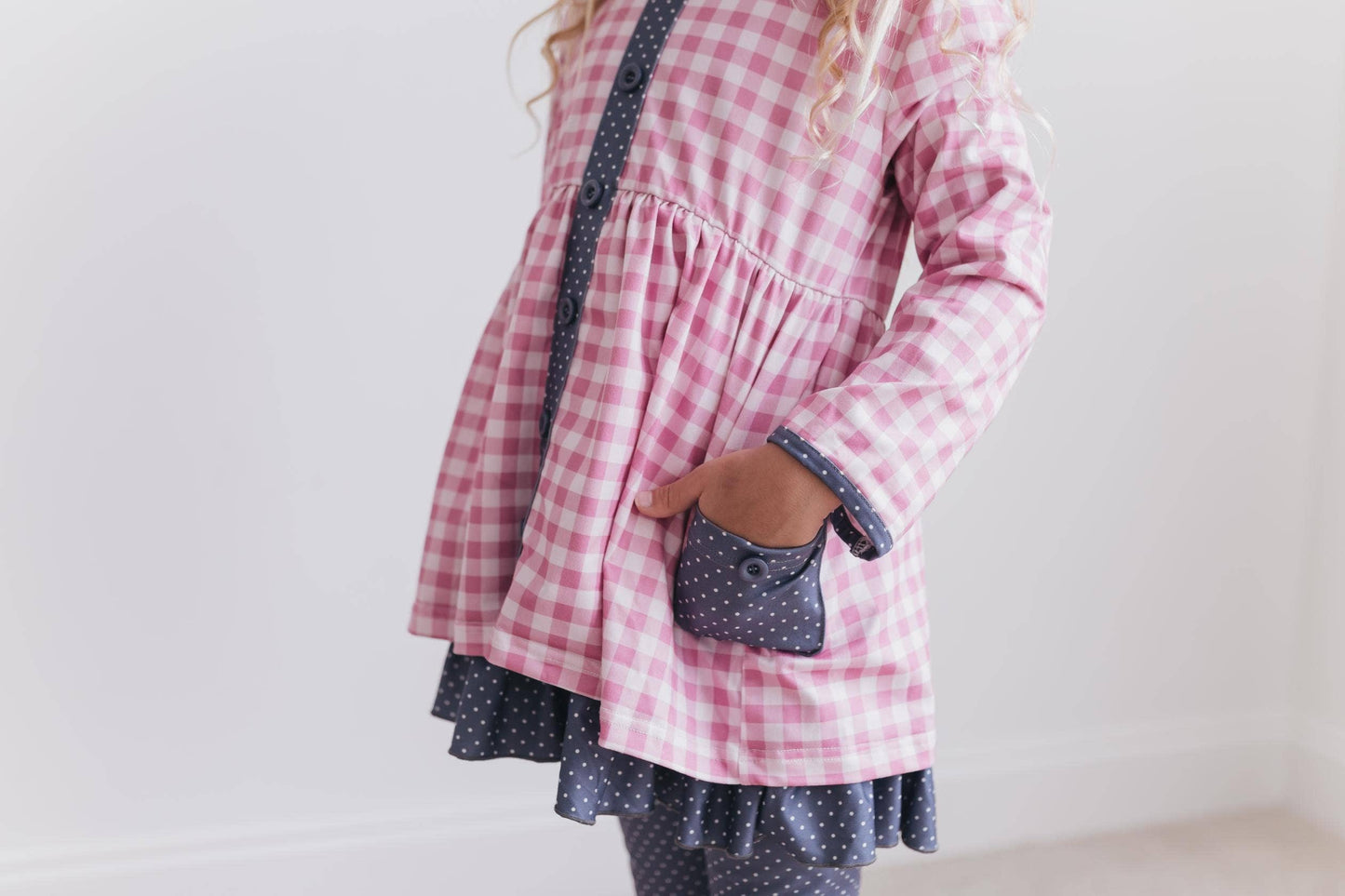 Girls Gingham Check Button Pocket Fall Pant Set