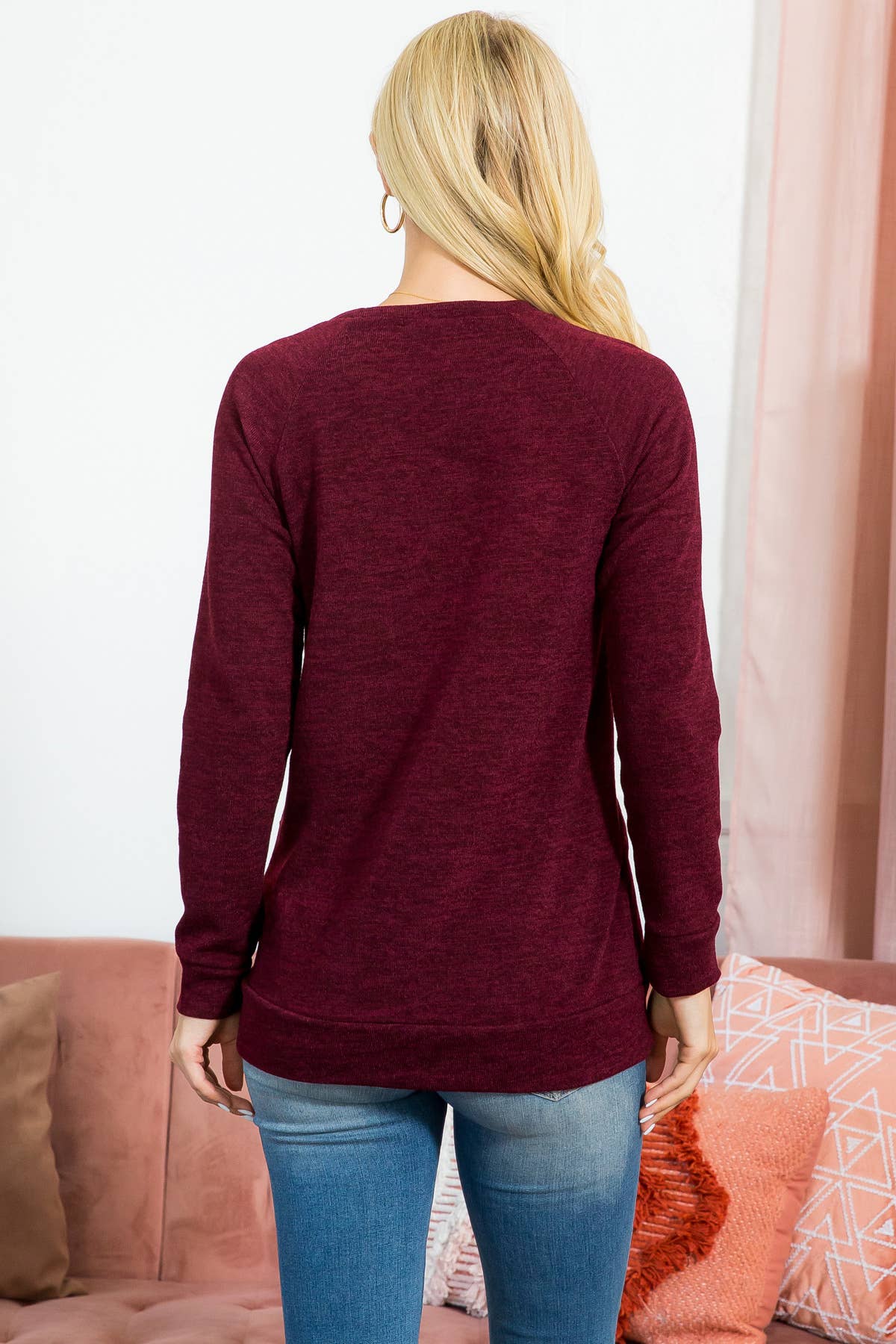 YMT20078V-KNIT FRONT POCKET LONG SLEEVED TOP: XL / Rust
