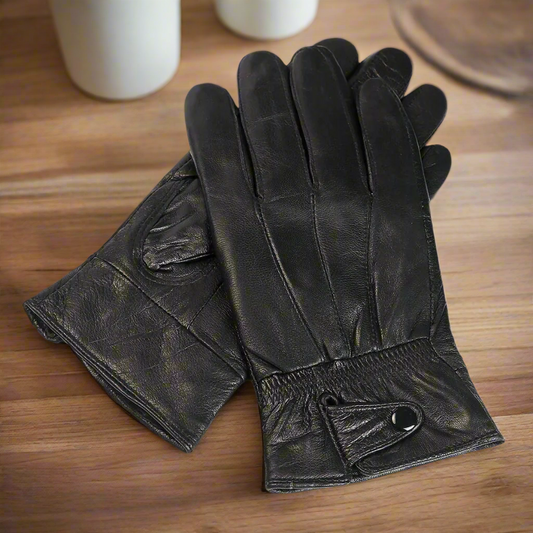 Pair of black leather gloves on a beige background