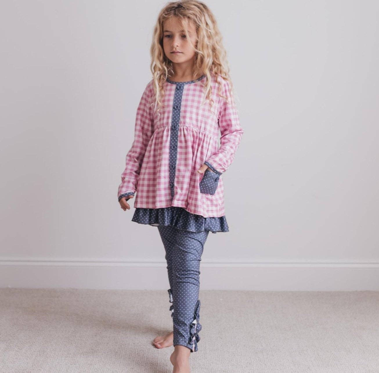 Girls Gingham Check Button Pocket Fall Pant Set