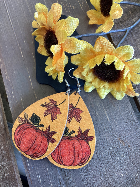 Fall Earrings - Teardrop Pumpkin and Leaves