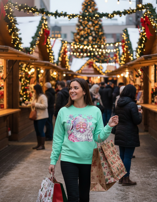 A green crewneck sweatshirt with a graphic of Santa Claus blowing a bubble, featuring sunglasses and a peace sign.