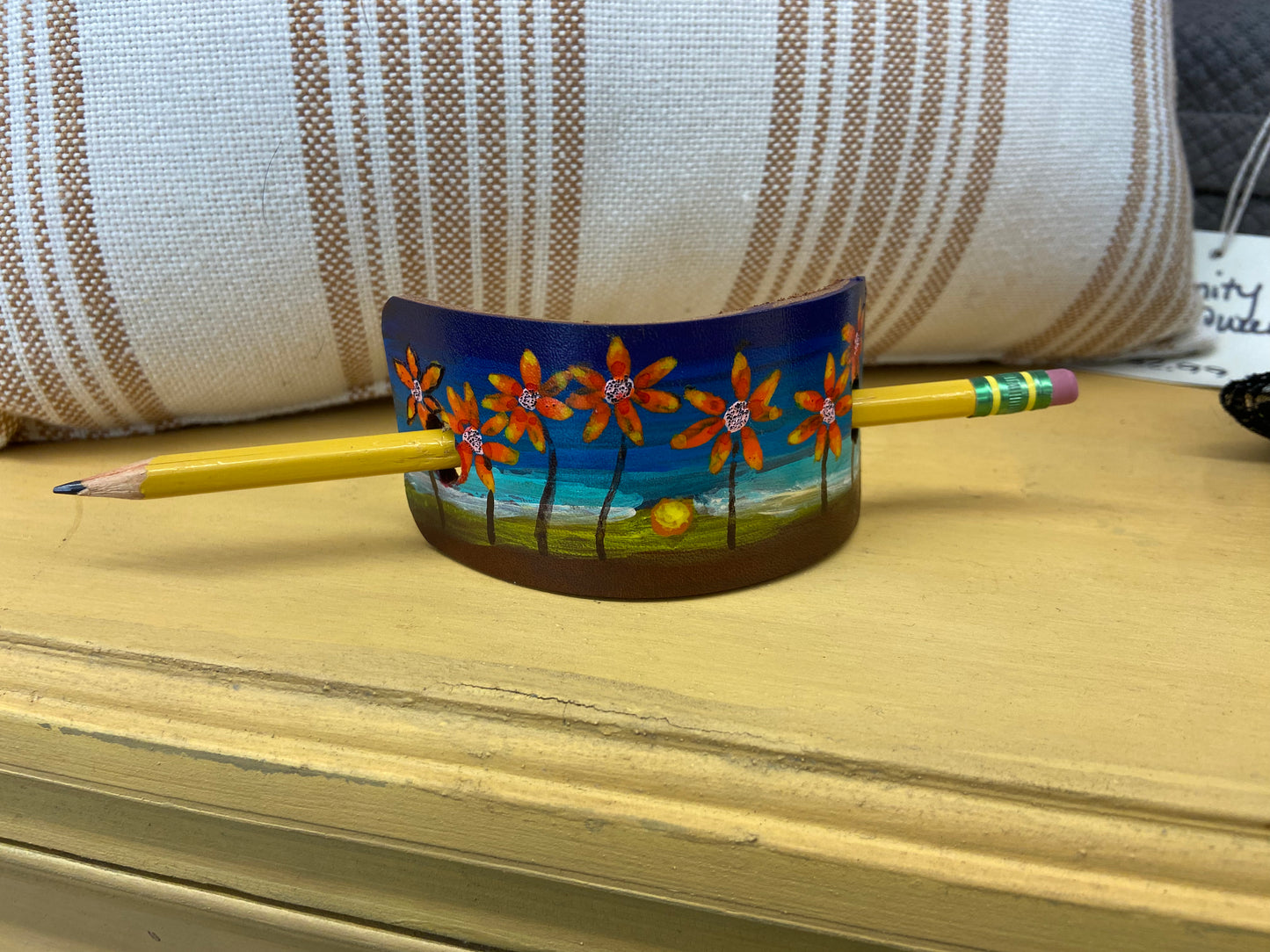 Leather Hand painted - Hair Bow Stick  Bun Holder