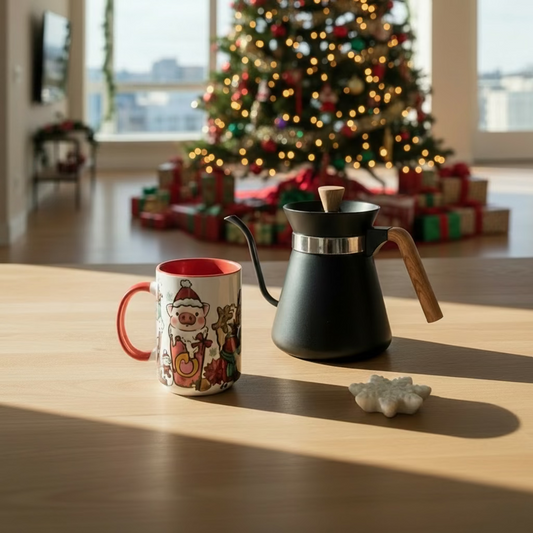 Colorful mug with a cartoon pig design on a wooden table