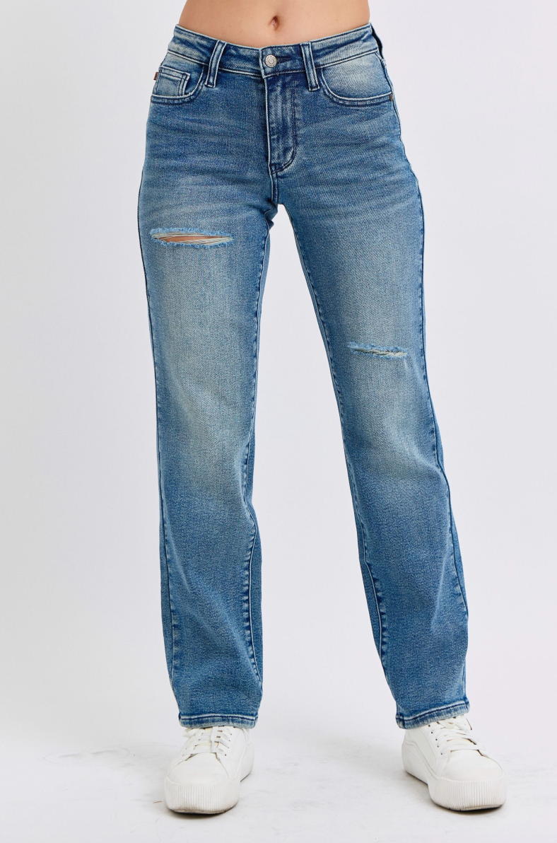 JUDY BLUE - Mid Rise - Contrast Wash Destroy -  Dad Jean