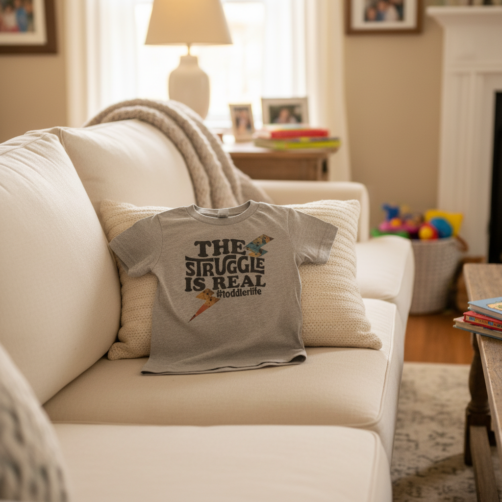 A gray t-shirt with the text 'THE STRUGGLE IS REAL' and a hashtag symbol, followed by a graphic of a lightning bolt, indicating a playful and relatable theme for toddlers.