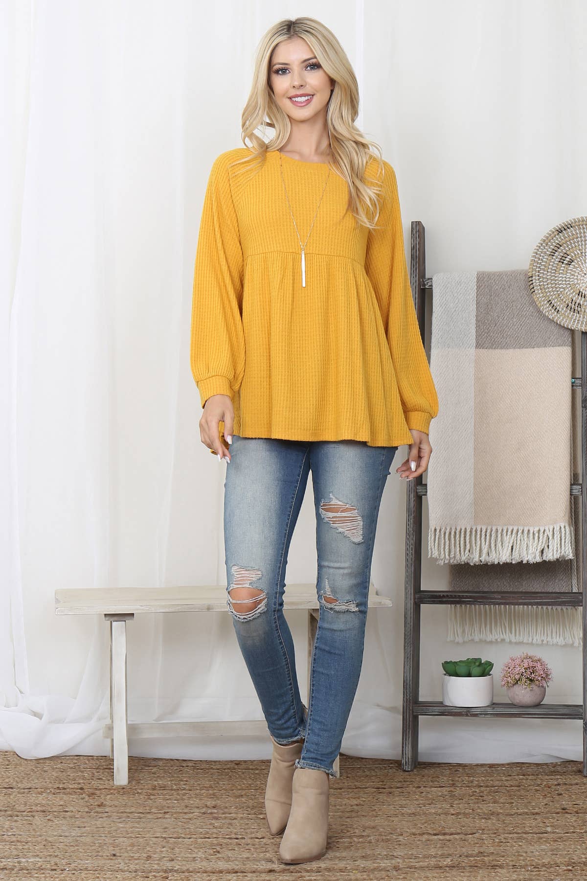 Baby Doll Long Sleeve Waffle Top