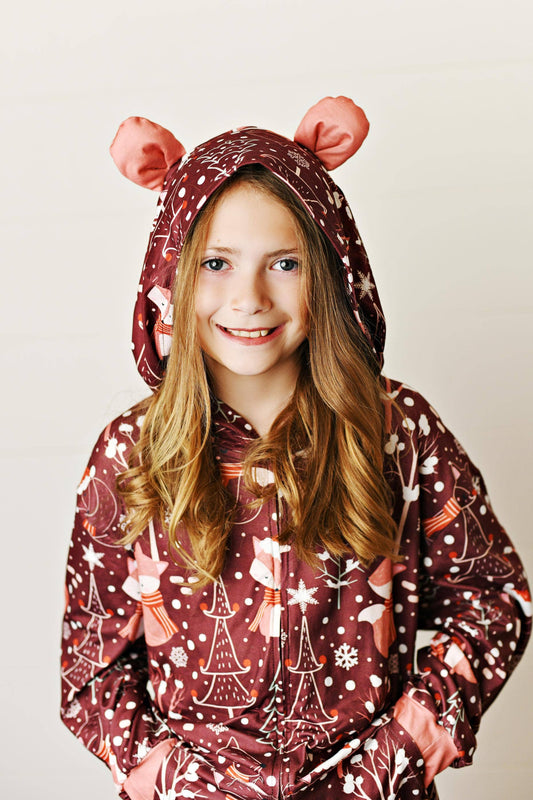 Kids Winter Fox Lounge Zip Hoodie Onesie with Critter Ears