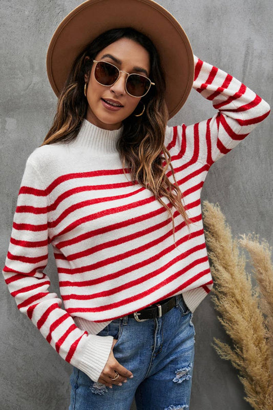 Casual Stripe Sweater - High Neck Sweater - Comfy Sweater