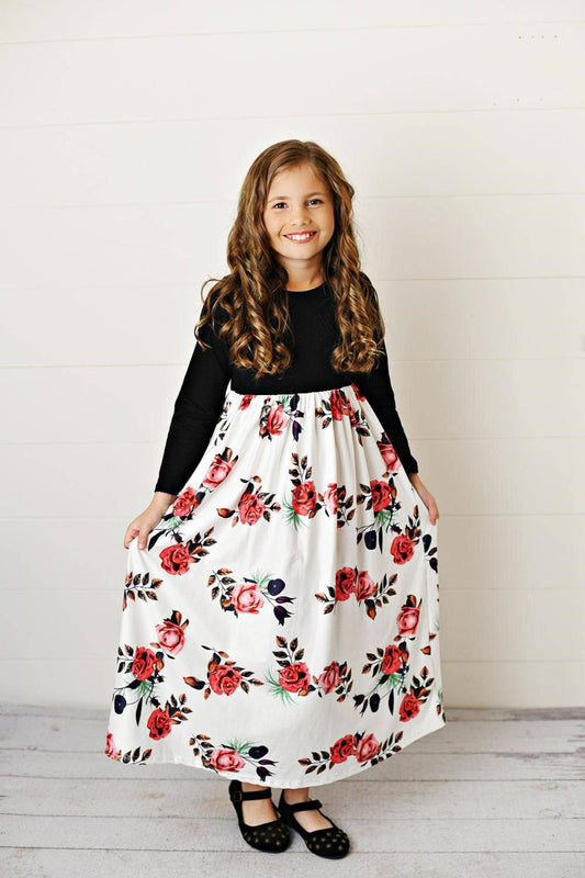 Kids Black Long Sleeve Rose Maxi Fall Dress: 10/12