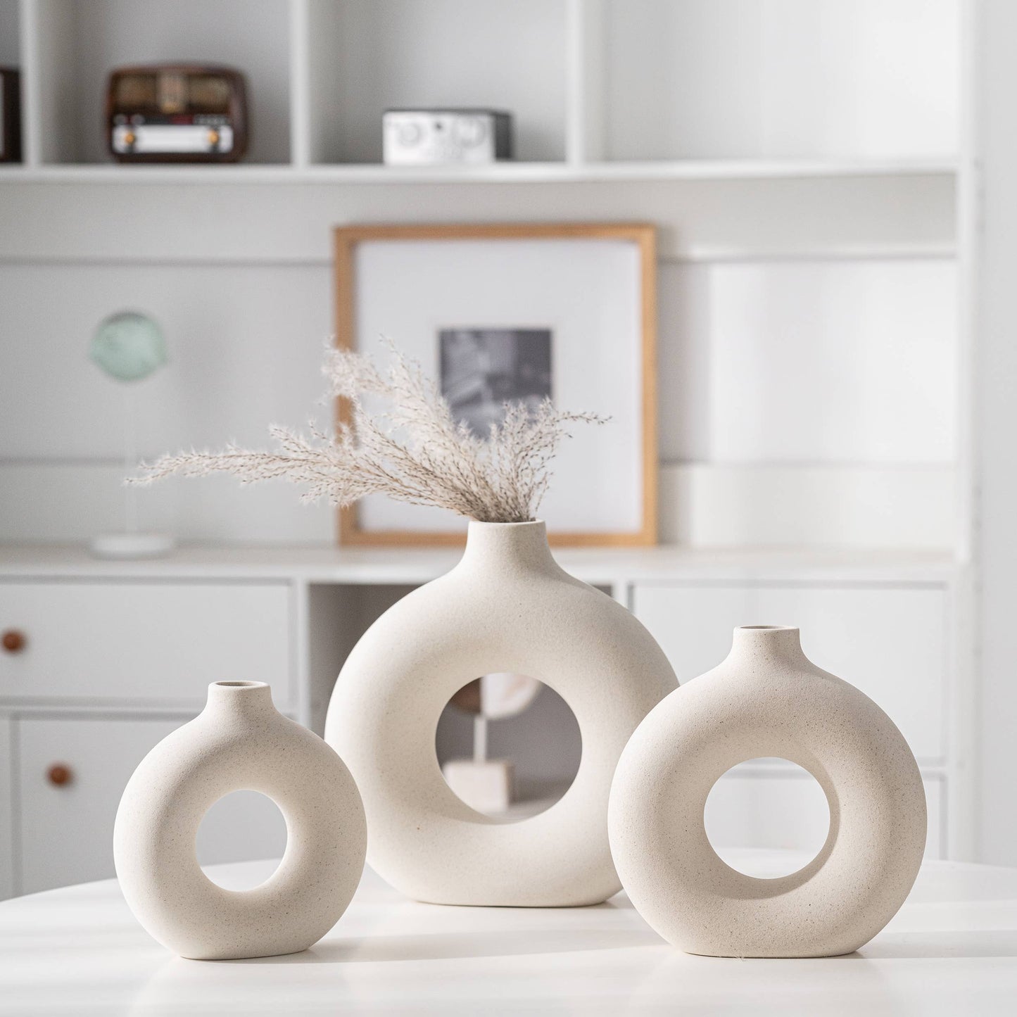 Kimisty Ceramic Hollow Donut Vase Set 3, Off White