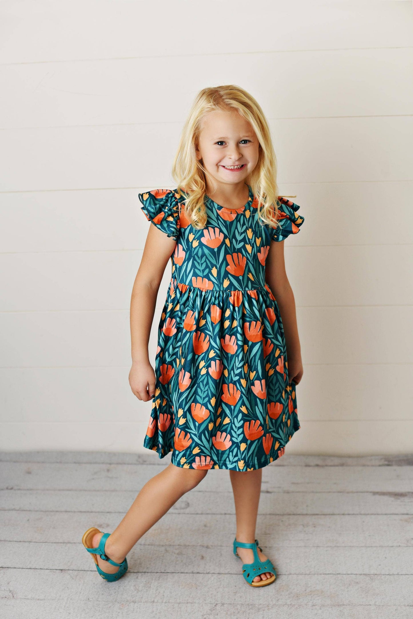 Girls Teal Floral Dress